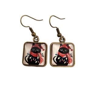 Festive Black Red Hat and Scarf Christmas Earrings